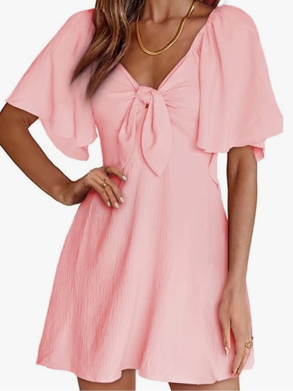 Tie-Front Flutter Sleeve Mini Dress in Soft Pink